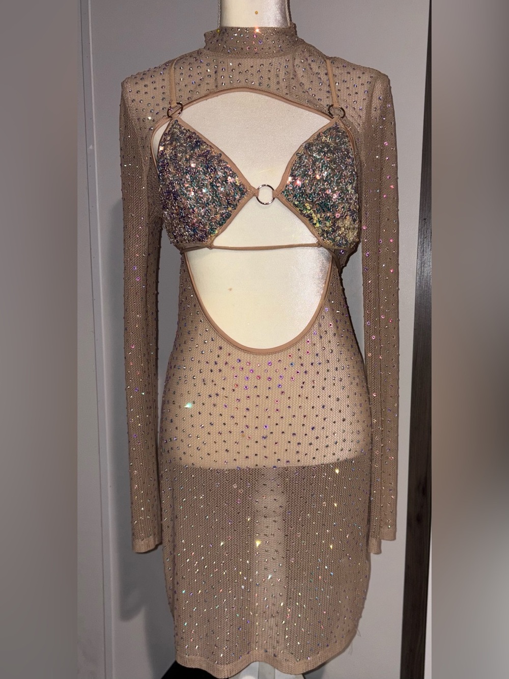 Fashion Nova Taupe Mesh Rhinestone Maxi Dress